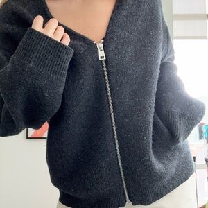 Zara 100% Wool Chunky Charcoal Grey Zip-Up Sweater